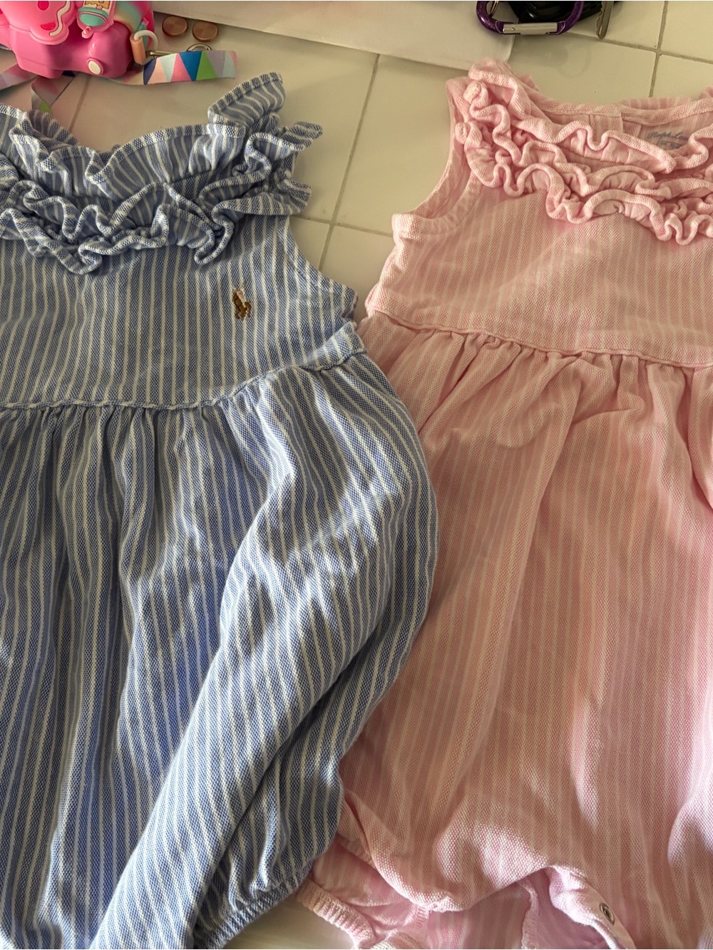 2 Ralph Lauren Girls Striped One-Piece Rompers in Blue & Pink